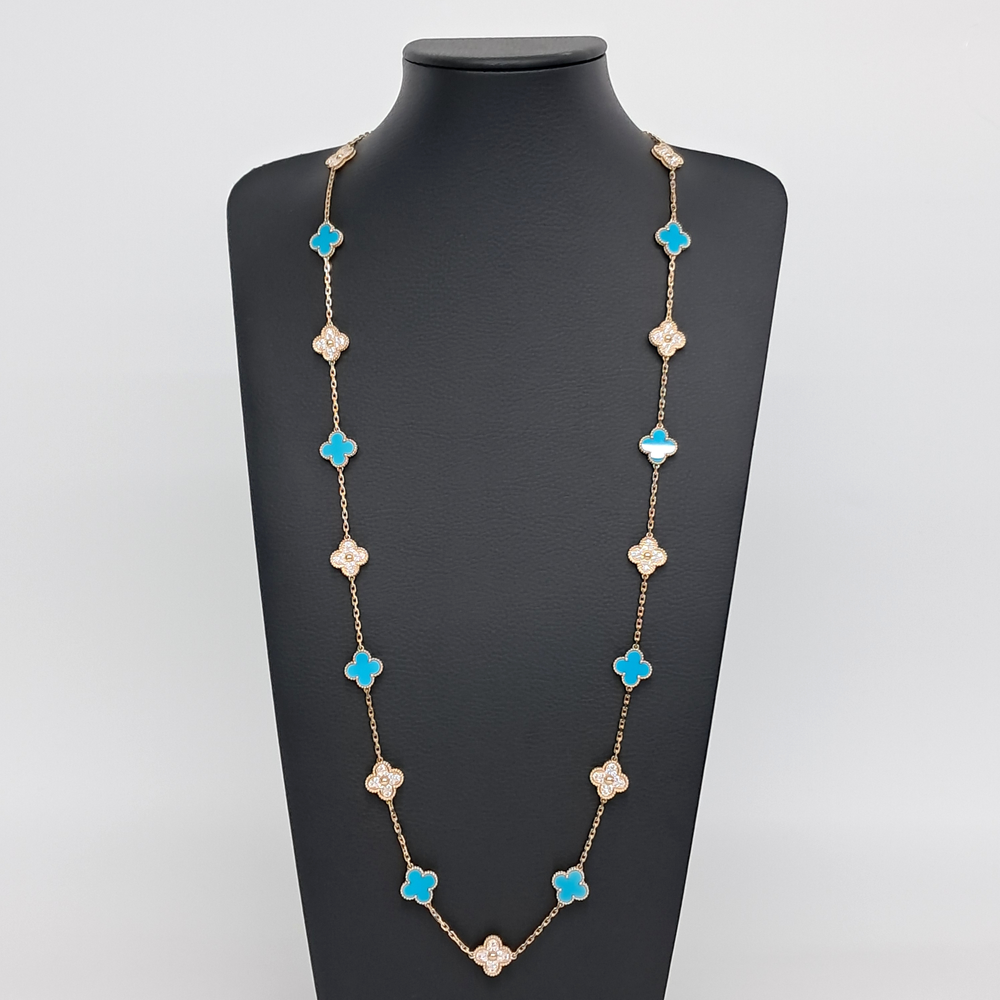 Van Cleef & Arpels 18k Yellow Gold 20 Motif Alhambra Diamond Turquoise Necklace