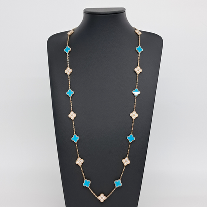 Van Cleef & Arpels 18k Yellow Gold 20 Motif Alhambra Diamond Turquoise Necklace