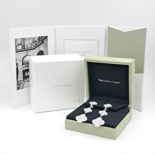 Van Cleef & Arpels Magic Alhambra earrings, 3 motifs 18K white gold, Diamond