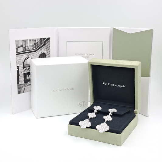 Van Cleef & Arpels Magic Alhambra earrings, 3 motifs 18K white gold, Diamond