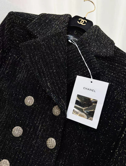 Chanel 18k Black/Gold Ribbed Velvet Coat