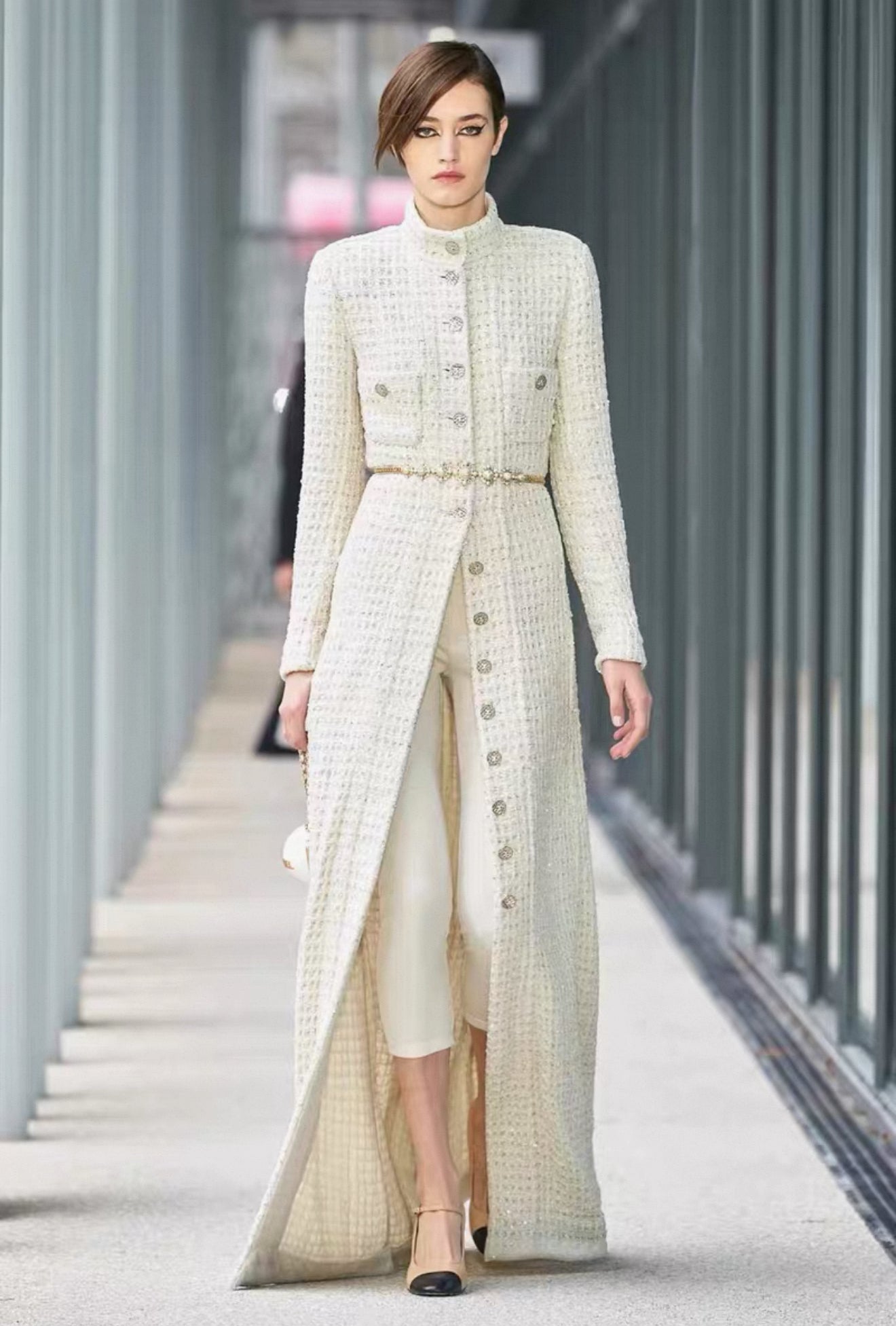 Chanel 22A White écru Sequinned Long Coat 42FR