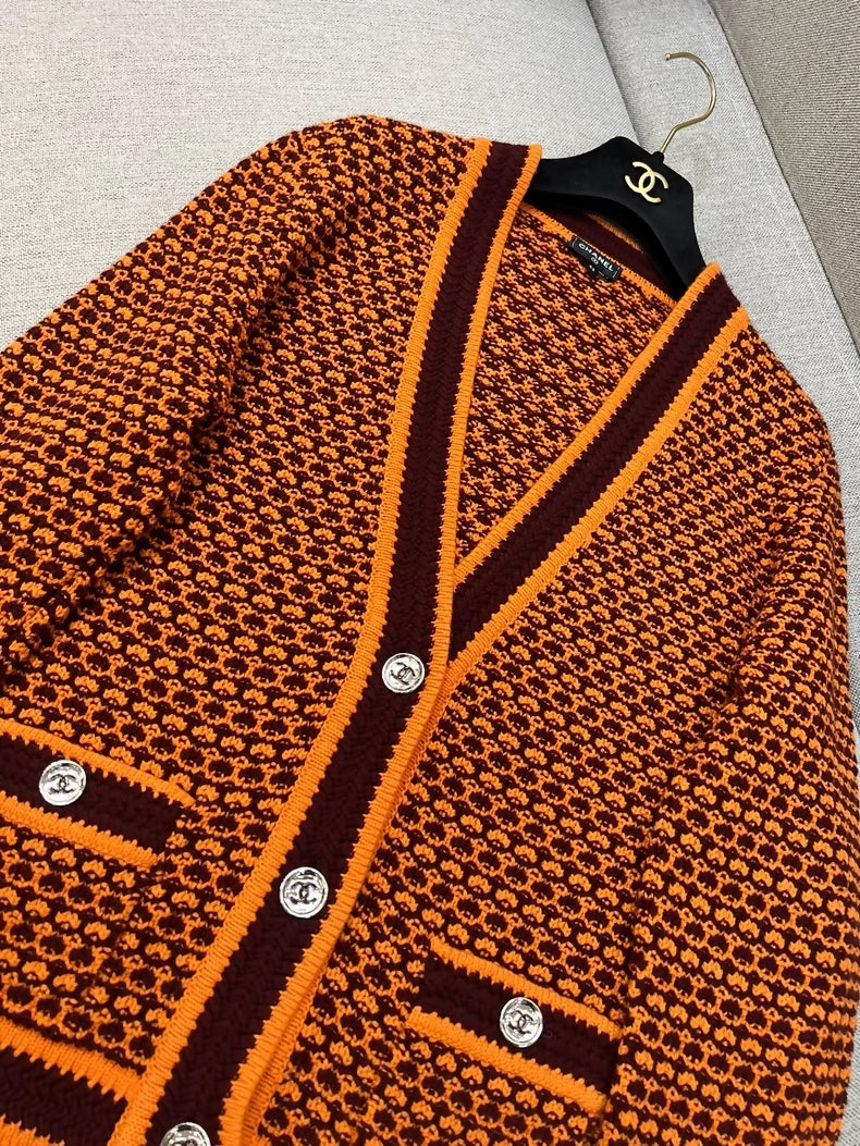 Chanel 23A orange and brown knit cardigan