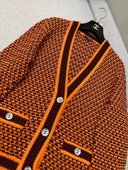 Chanel 23A orange and brown knit cardigan