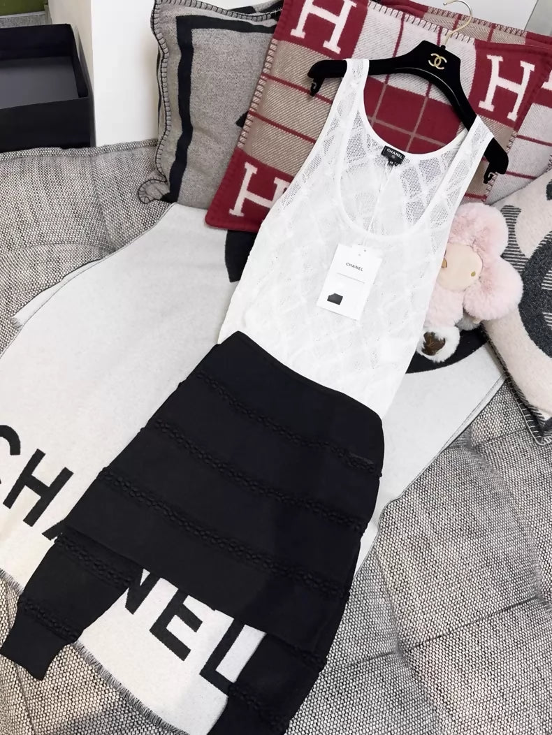 Chanel 24S white lace quilted black belted knit dress