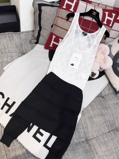 Chanel 24S white lace quilted black belted knit dress