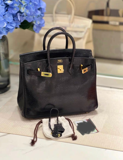 HERMÈS BIRKIN 25 SELLIER BLACK SHINY LIZARD GOLD HARDWARE