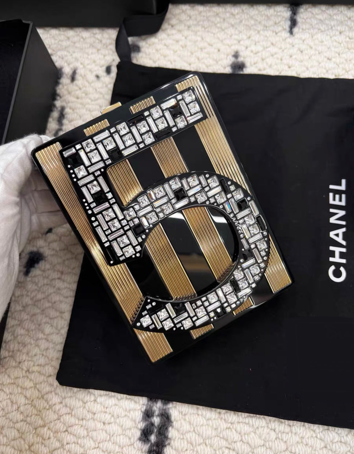 Chanel 2015 No 5 Gold Plexiglass Minaudiere Clutch