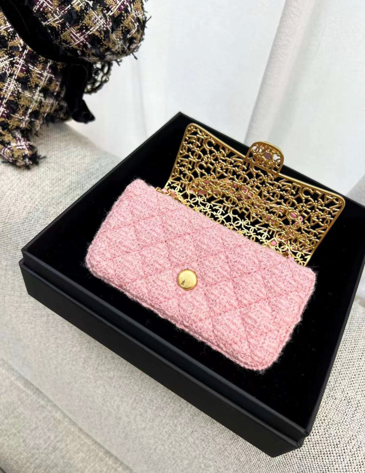 CHANEL Metal Tweed Logo CC Minaudiere Flap Bag Pink Gold