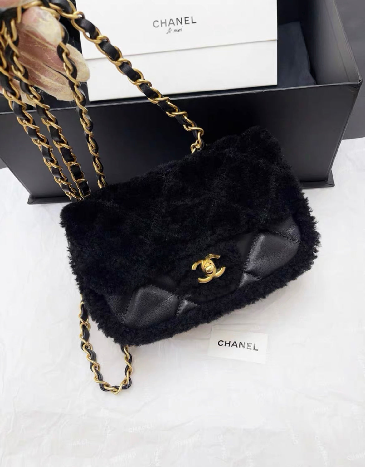 Chanel 2024 Black Sheepskin Teddy Bag Mini