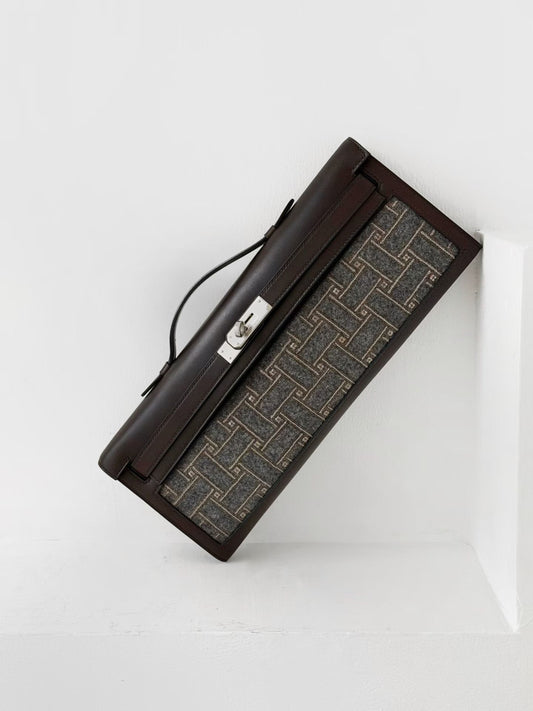 Hermes Kelly cut with intricate sequin embroidery & Ebene calfbox leather with palladium hardware