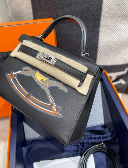 Hermès Mini Kelly Cheval De Bois Noir / Black Tadelakt Palladium Hardware