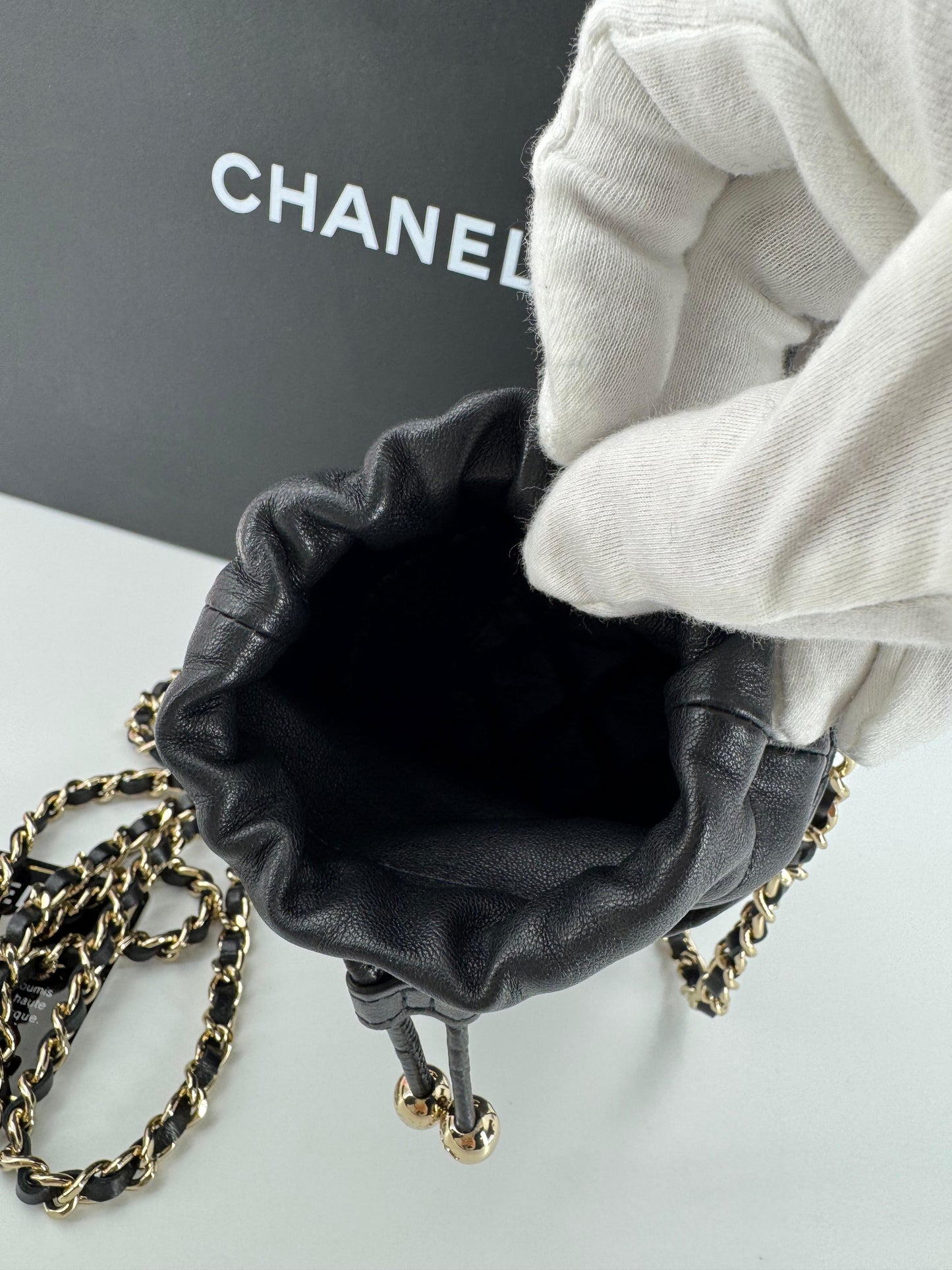 Chanel Black leather mini bucket bag silver hardware