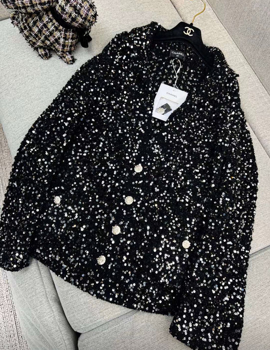 Chanel 23c black tweed sequin cardigan size 40 brand new with tag