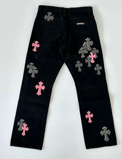 Chrome Hearts Black Pink & Checkered Cross Patch Fleur Jeans