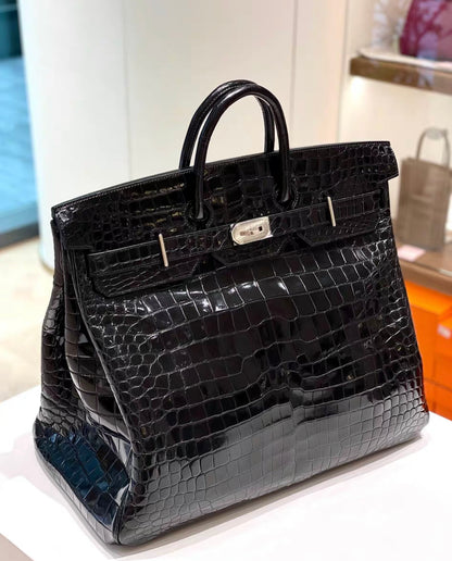 Hermès 50cm Birkin Black Shiny Porosus Crocodile Palladium Hardware