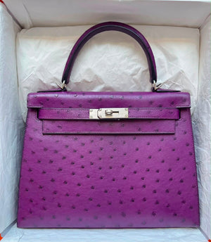 Hermes Kelly 28 Violine Ostrich Palladium Hardware
