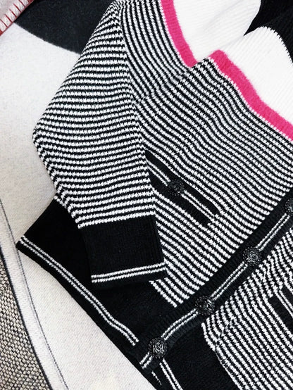 Chanel 22b black, white and pink stripes cardigan