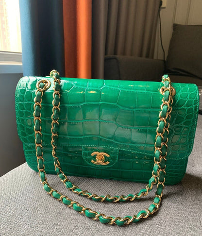 Chanel Green emerald alligator leather medium flap with gold hardware