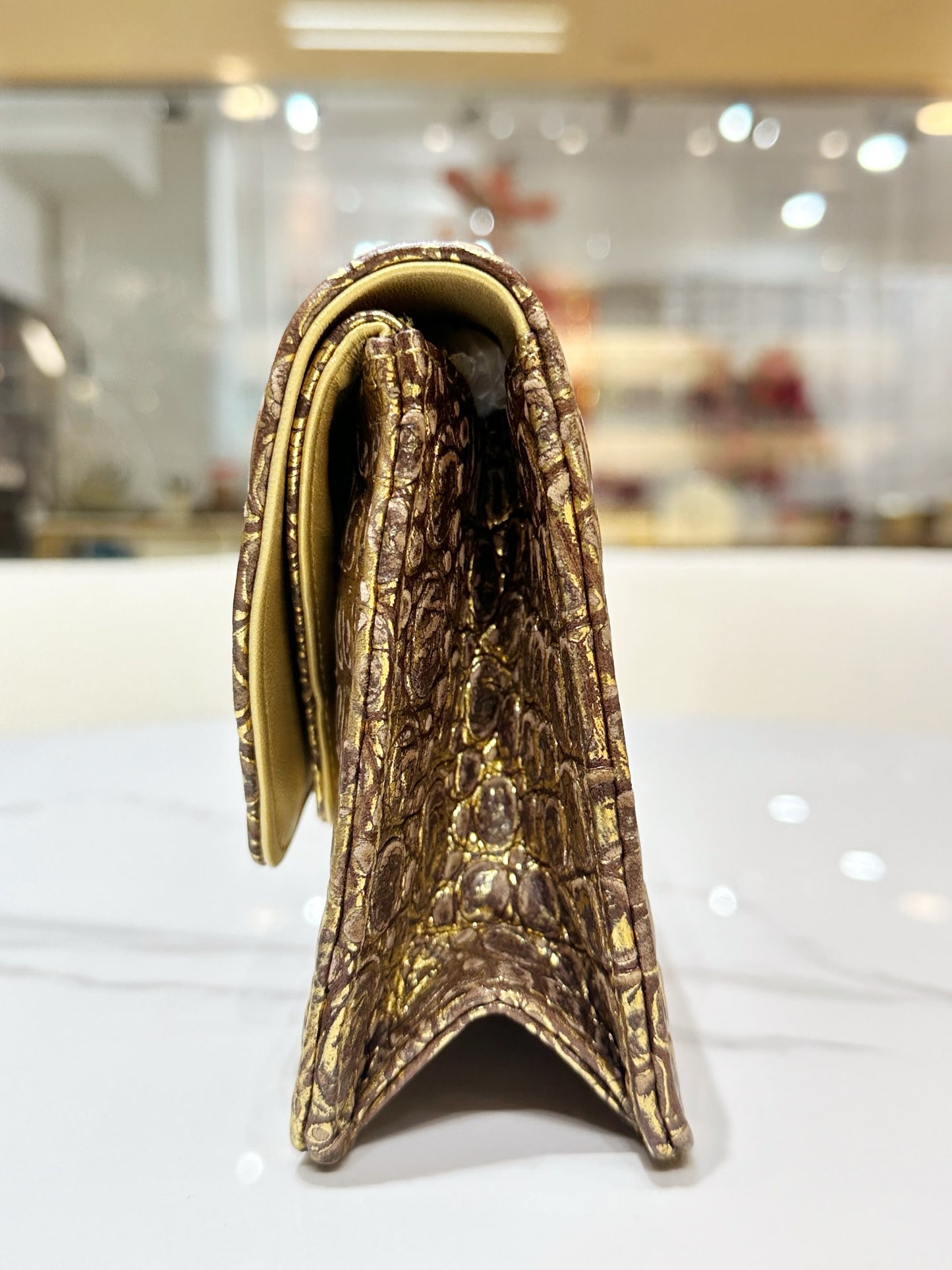 Chanel 19A Gold Crocodile Embossed Paris-New York Coco Scarab Ancient Egyptian Clutch Gold Hardware (Extremely Rare)