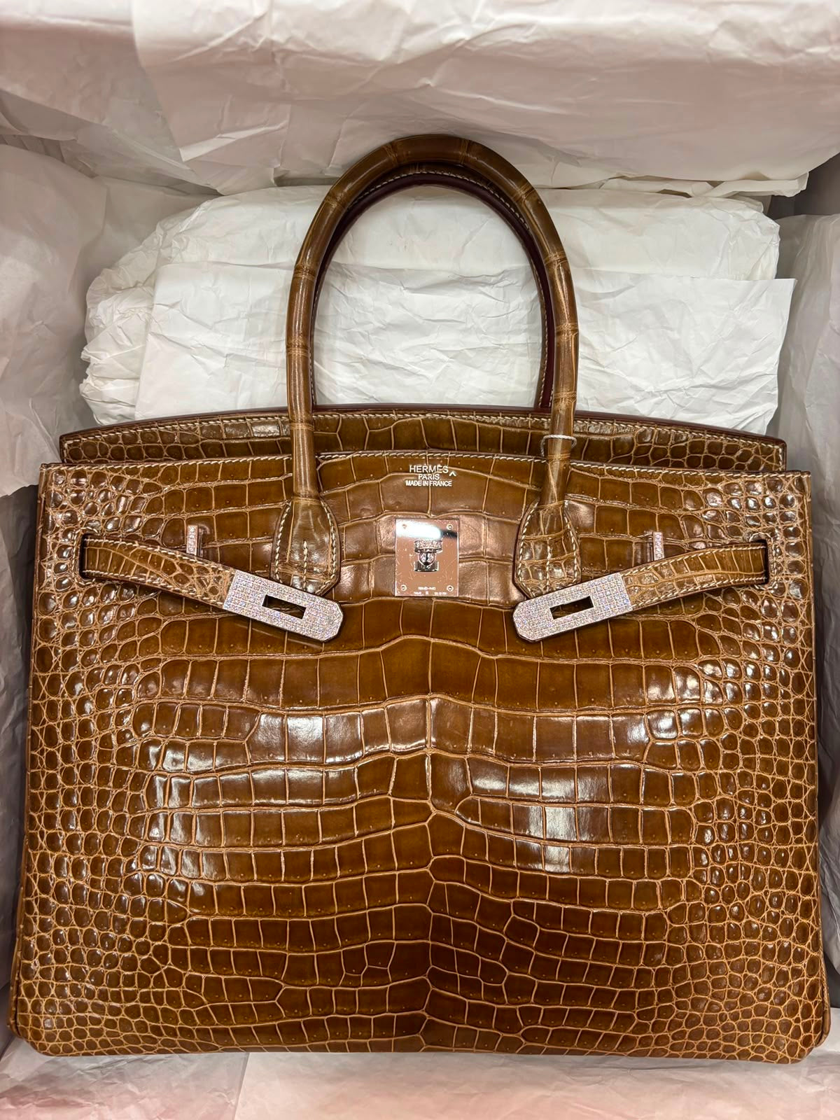 Hermes Birkin 35 Tabac Shiny Porosus crocodile leather White Gold Diamond hardware