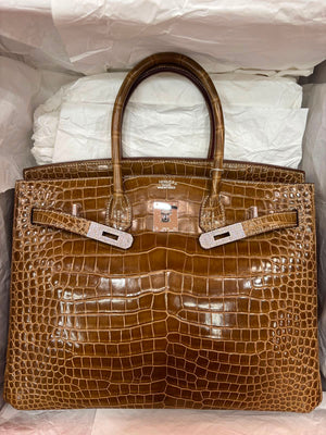 Hermes Birkin 35 Tabac Shiny Porosus crocodile leather White Gold Diamond hardware