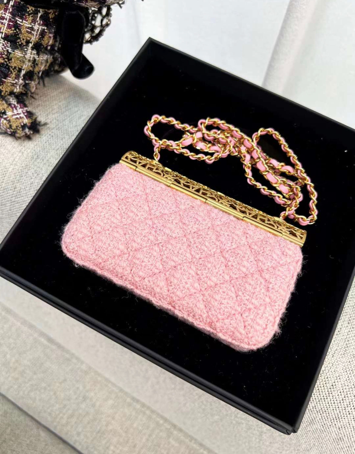 CHANEL Metal Tweed Logo CC Minaudiere Flap Bag Pink Gold