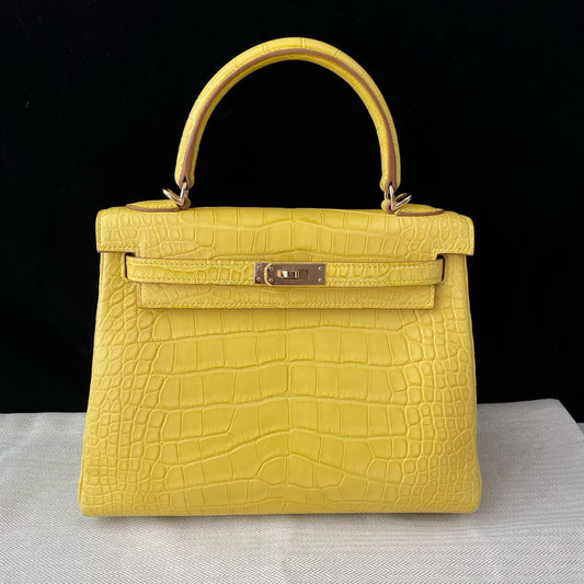 Hermes kelly 25 Mimosa Matte Alligator leather gold hardware