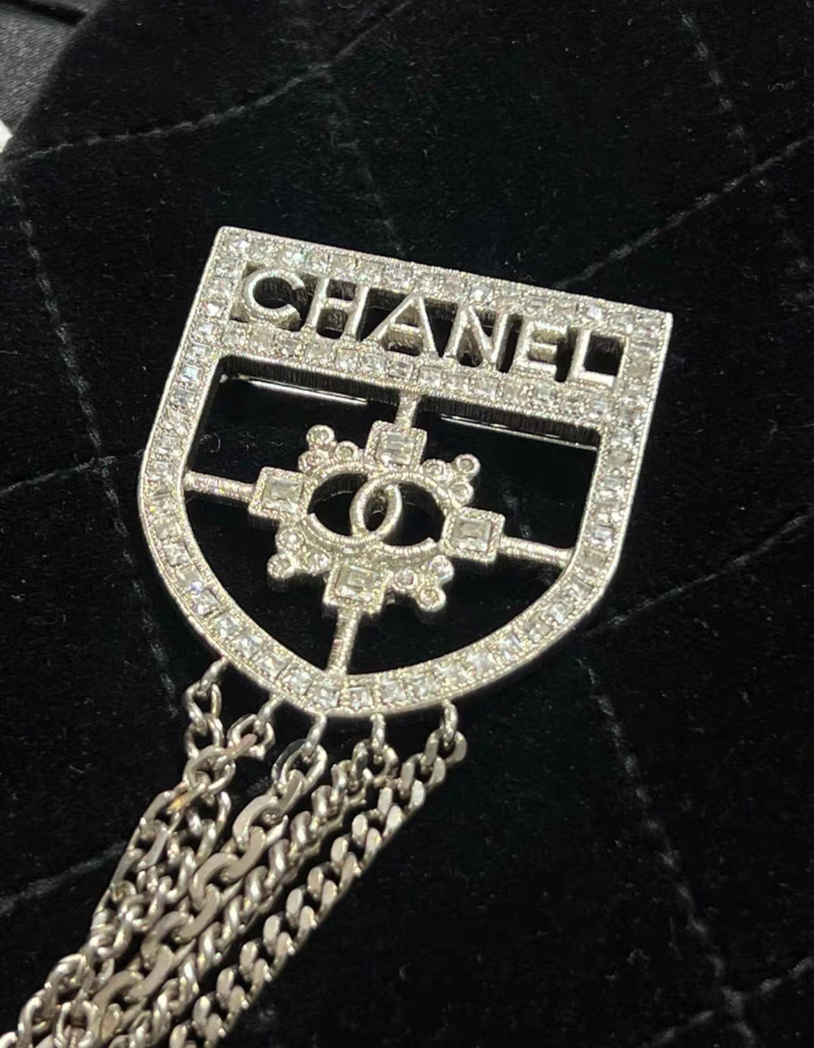 CHANEL Baguette Crystal CC Shield Multi Strand Long Chain Brooch Silver