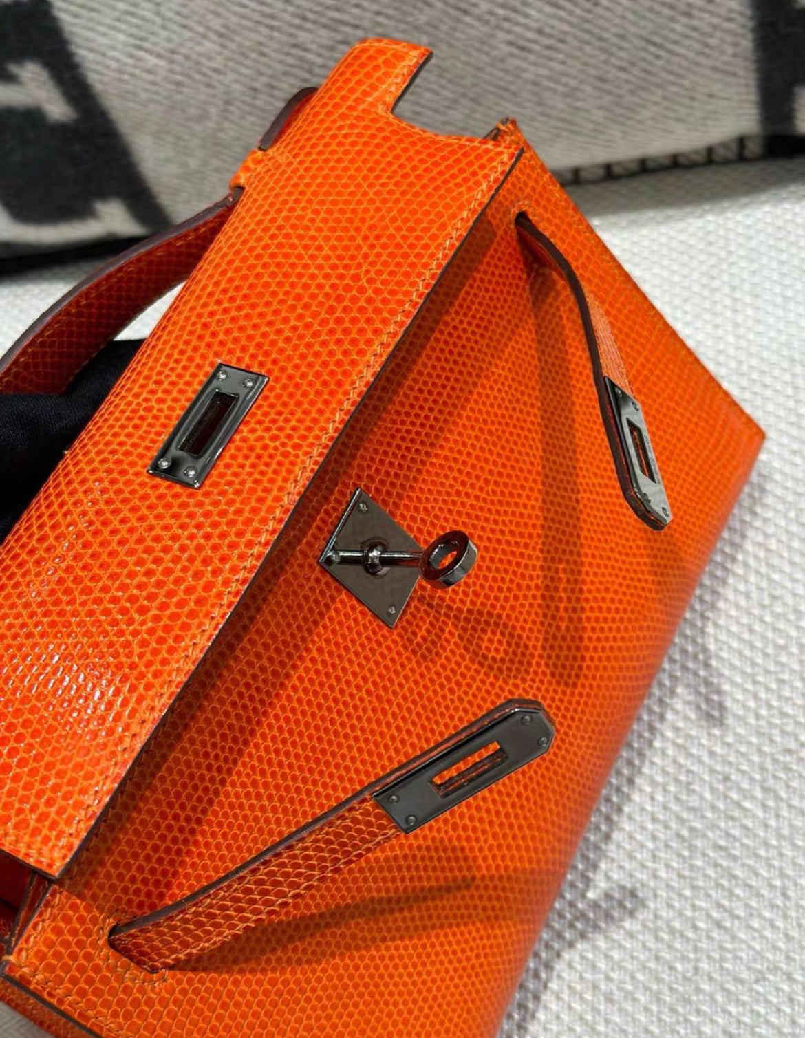 HERMES Mini Kelly Pochette Orange Lizard Leather Palladium Hardware