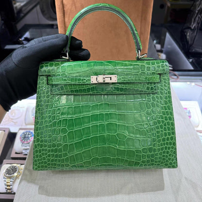 Hermes Kelly 25 Green Bamboo Alligator leather palladium hardware