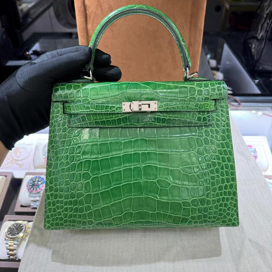 Hermes Kelly 25 Green Bamboo crocodile leather palladium hardware