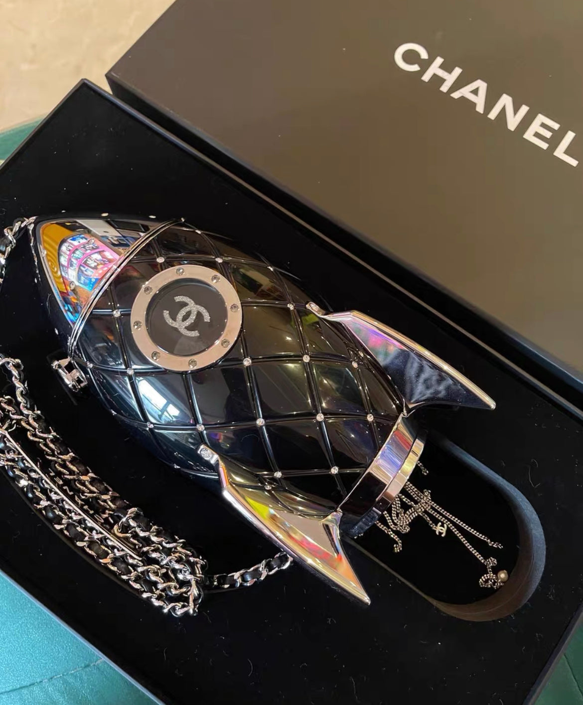 Chanel Limited Edition Plexiglass Crystal Rocket Ship Minaudière Clutch Black