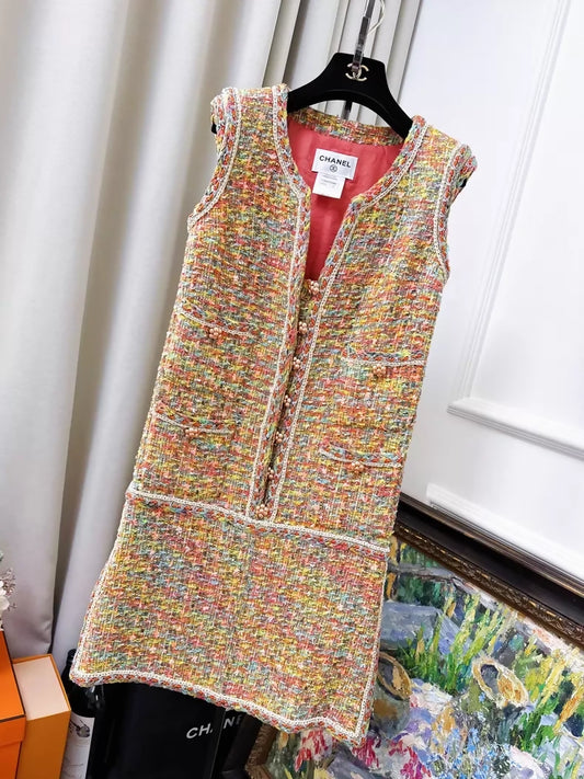 Chanel 14S orange tweed vest dress