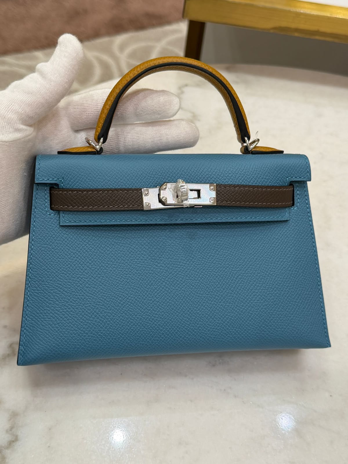 Hermes Mini Kelly 20 Tricolor Blue Jean / Ecorce / Sesame Epsom Palladium hardware