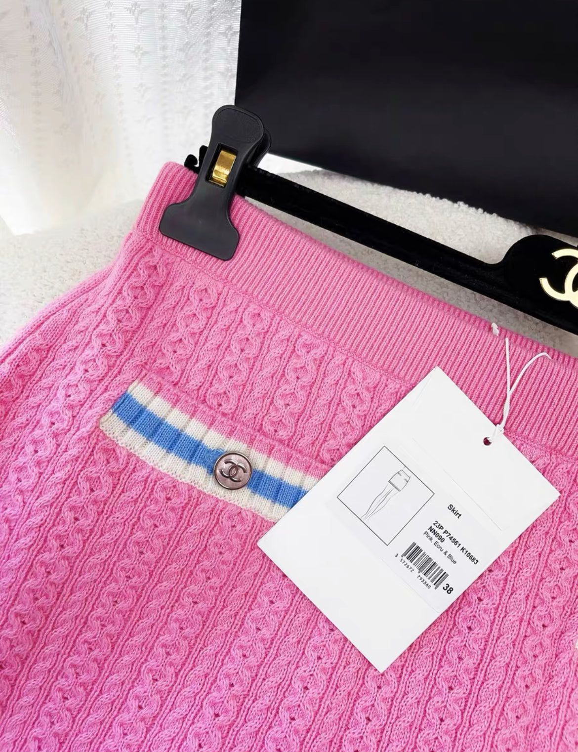 Chanel 23P pink, ecru, blue knitted skirt size 38