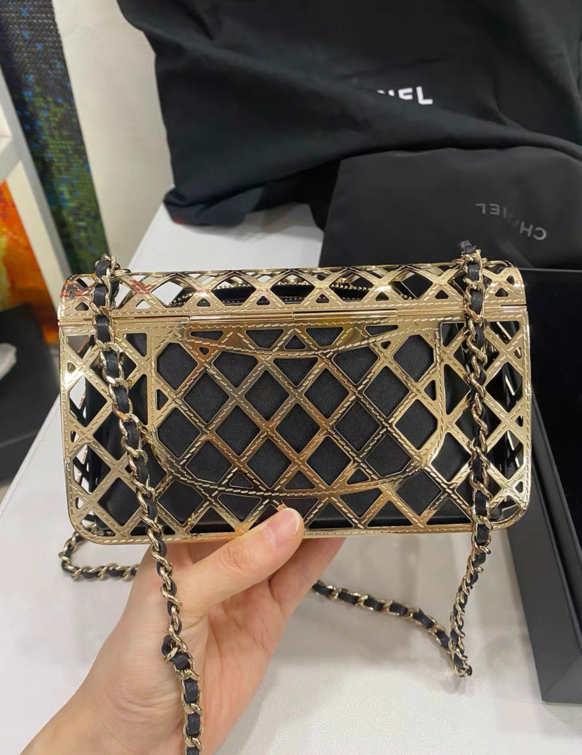 Chanel Gold Metal Mini Cage Flap with Pouch Gold Hardware, 2021