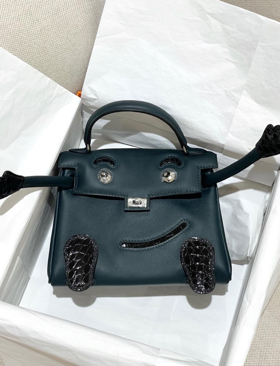 Hermes Kelly Doll Vert Cypres Swift & Black Shiny Alligator Palladium Hardware