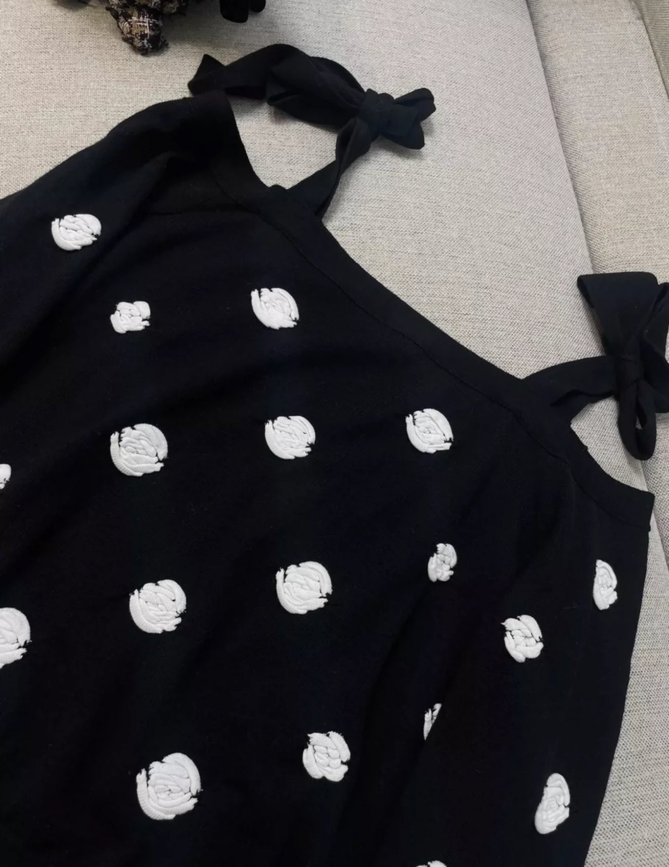 CHANEL 23K CAMÉLIA OFF SHOULDER TIE TOP