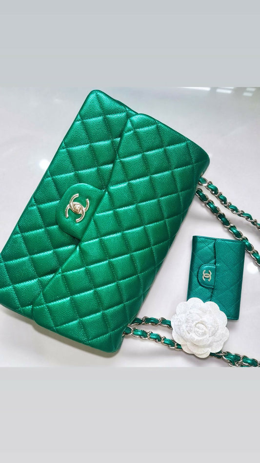 Chanel Jumbo Classic Flap in Emerald Green Caviar Leather with Light Gold Hardware