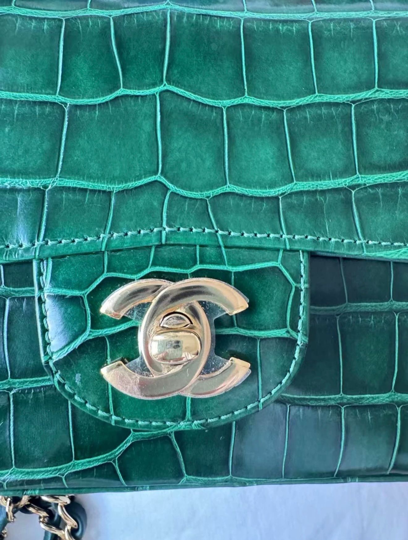 Chanel green alligator leather gold hardware mini flap bag