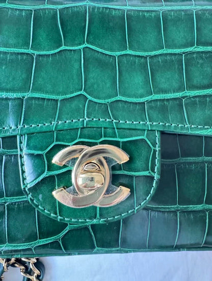 Chanel green alligator leather gold hardware mini flap bag