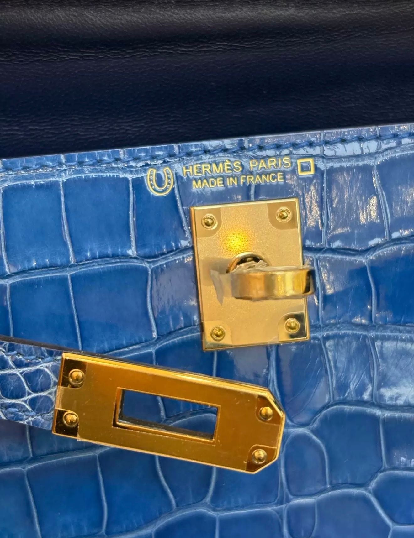 Hermes Mini Kelly 20 Blue Zellige Shiny crocodile leather gold hardware