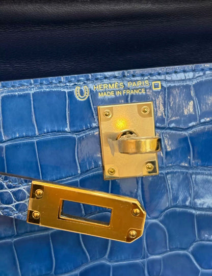 Hermes Mini Kelly 20 Blue Zellige Shiny crocodile leather gold hardware