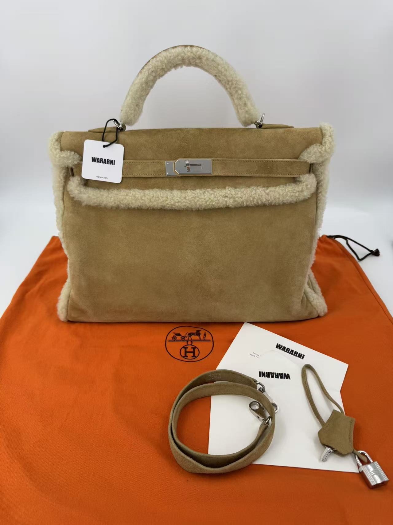 Hermes Kelly 40 Veau Doblis Suede Shearling Teddy Palladium Hardware