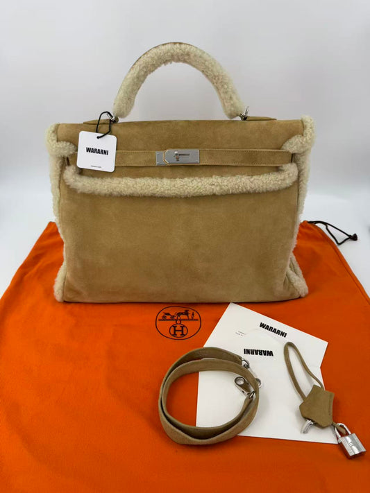 Hermes Kelly 40 Veau Doblis Suede Shearling Teddy Palladium Hardware