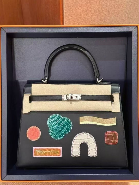 Hermes Kelly 25 Sellier Broderie Colla Noir/Boug-Emerald-Tabac-Beton Swift Alligator Palladium Hardware