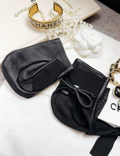 Chanel black mesh leather bow gloves