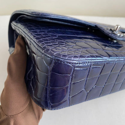 CHANEL SHINY BLUE ALLIGATOR CLASSIC FLAP BAG WITH SILVER HARDWARE