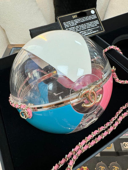 Rare Chanel 2019 Runway White Blue Pink Clear Round Beach Ball Evening Shoulder Bag very good condition full set with original box